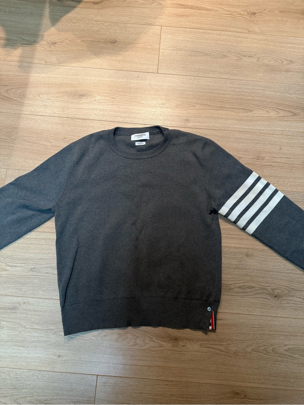Thom Browne Charcoal Crewneck Sweater with White Sleeve Stripes